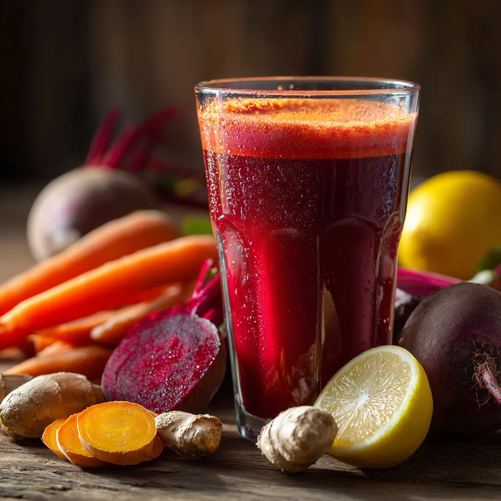 Jus Détox Étonnant Pour un Foie Sain 3 Gros plan d’un jus détox pour le foie à base de betterave, carotte, citron, gingembre et curcuma, servi dans un verre transparent avec condensation sur une table en bois, entouré de légumes frais et d’agrumes.