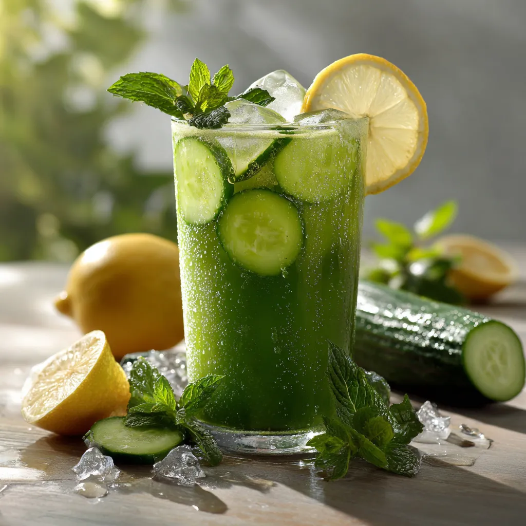 Verre de jus détox au concombre et citron avec glaçons, tranches de citron et feuilles de menthe, posé sur une table en bois, boisson rafraîchissante et saine.