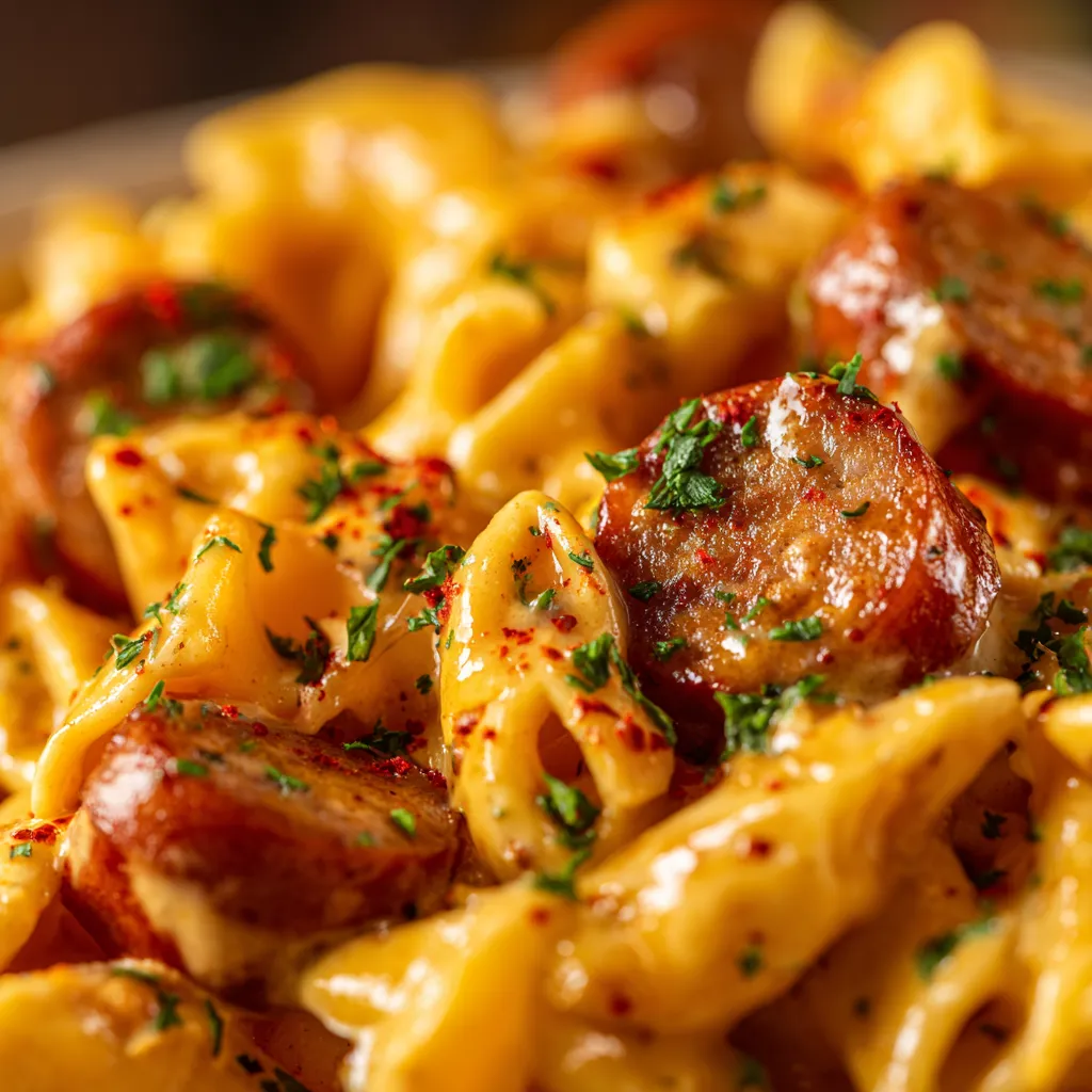 Gros plan appétissant de pâtes crémeuses Cajun avec saucisse de bœuf, recouvertes d’une sauce onctueuse et relevée.