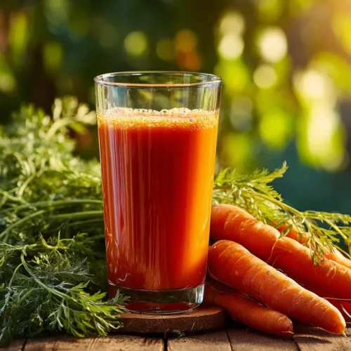 Jus de Carotte Vitamix: La Recette Ultime et Facile! 5 Jus de Carotte Vitamix frais sur une table rustique en bois, entouré de carottes et feuillage, avec lumière dorée du coucher de soleil.