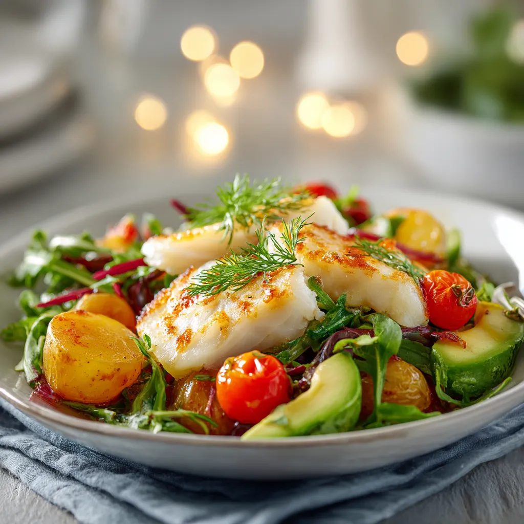 Salade tiède au haddock avec avocat, tomates cerises et pommes de terre, servie sur un lit de roquette fraîche.