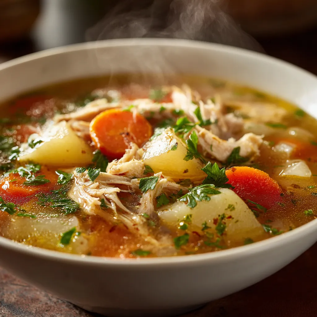 Bol de soupe poulet pomme de terre maison fumante, avec morceaux de poulet tendre, pommes de terre fondantes, carottes et persil frais, sur une table en bois rustique.