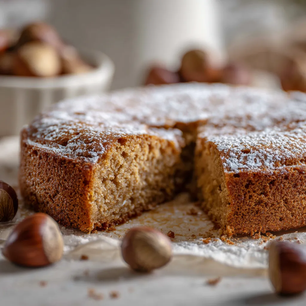 Le Merveilleux Fondant Corse à la Farine de Châtaigne 4 Fondant corse à la farine de châtaigne moelleux et doré, coupé sur une table en bois, entouré de châtaignes fraîches, saupoudré de sucre glace.