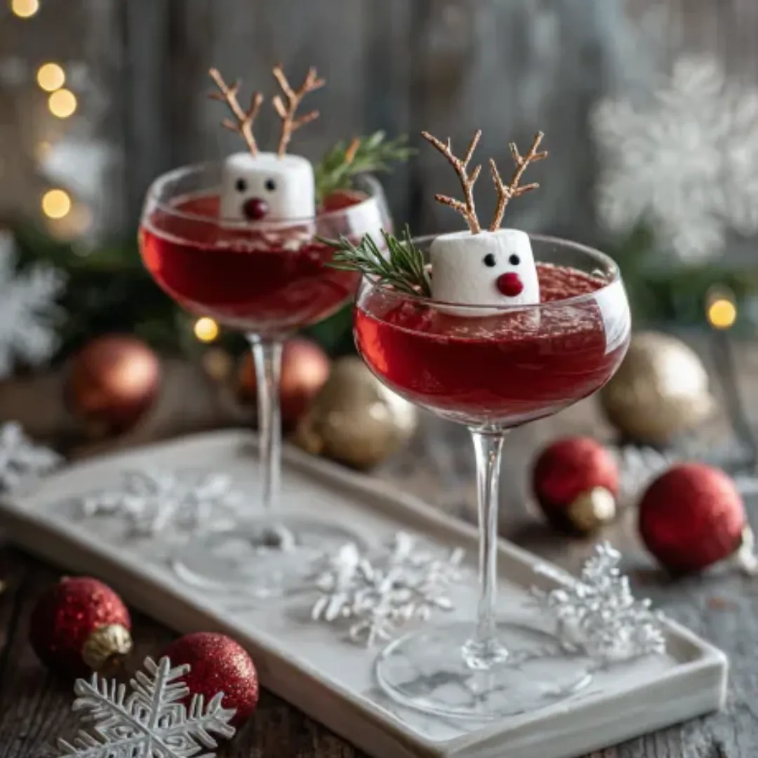 Deux cocktails de Noël rouges garnis de guimauves en forme de rennes de Noël qui « bullent », entourés de décorations festives.