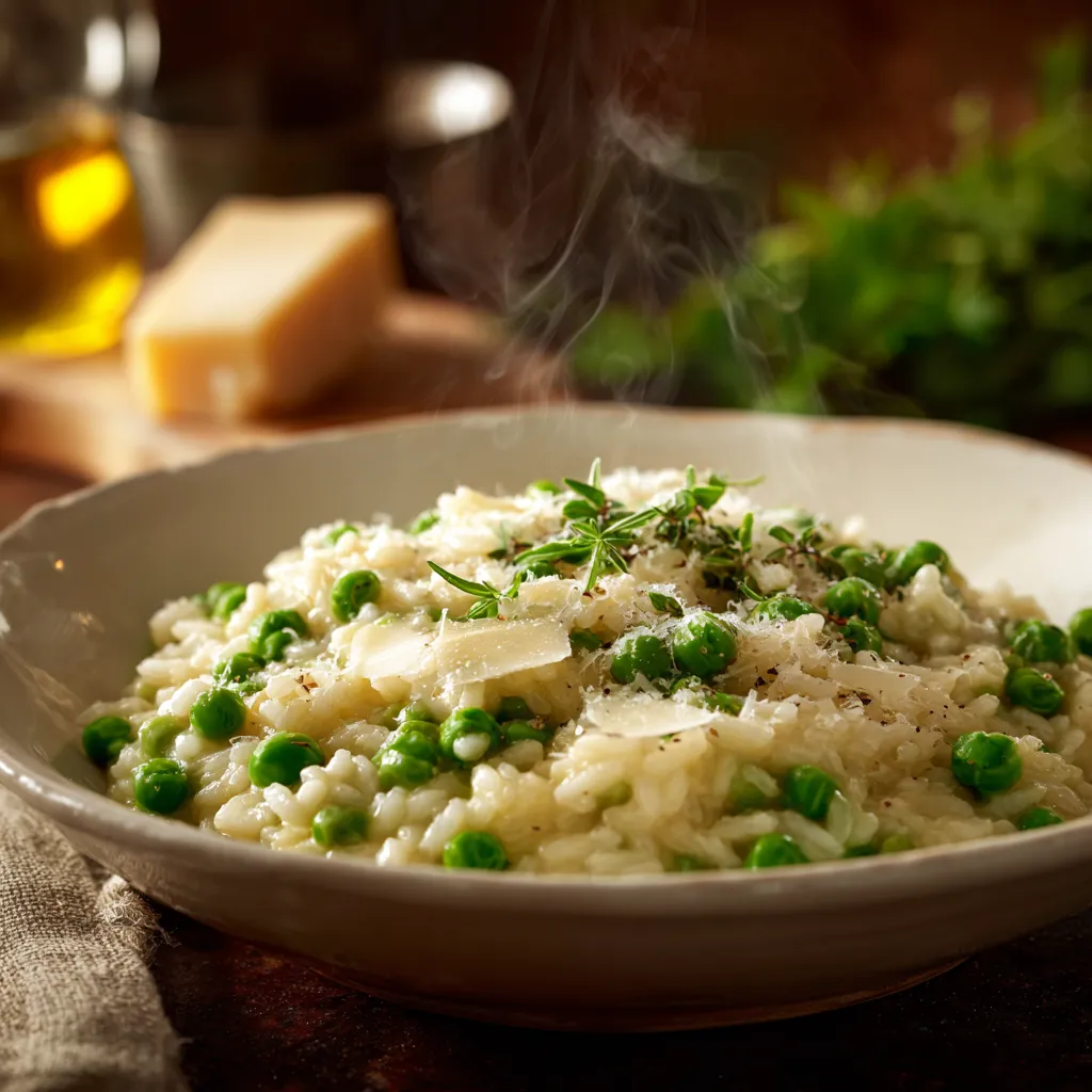 Risotto crémeux aux petits pois et parmesan, servi chaud dans une assiette blanche, garni de copeaux de parmesan et d’un filet d’huile d’olive.