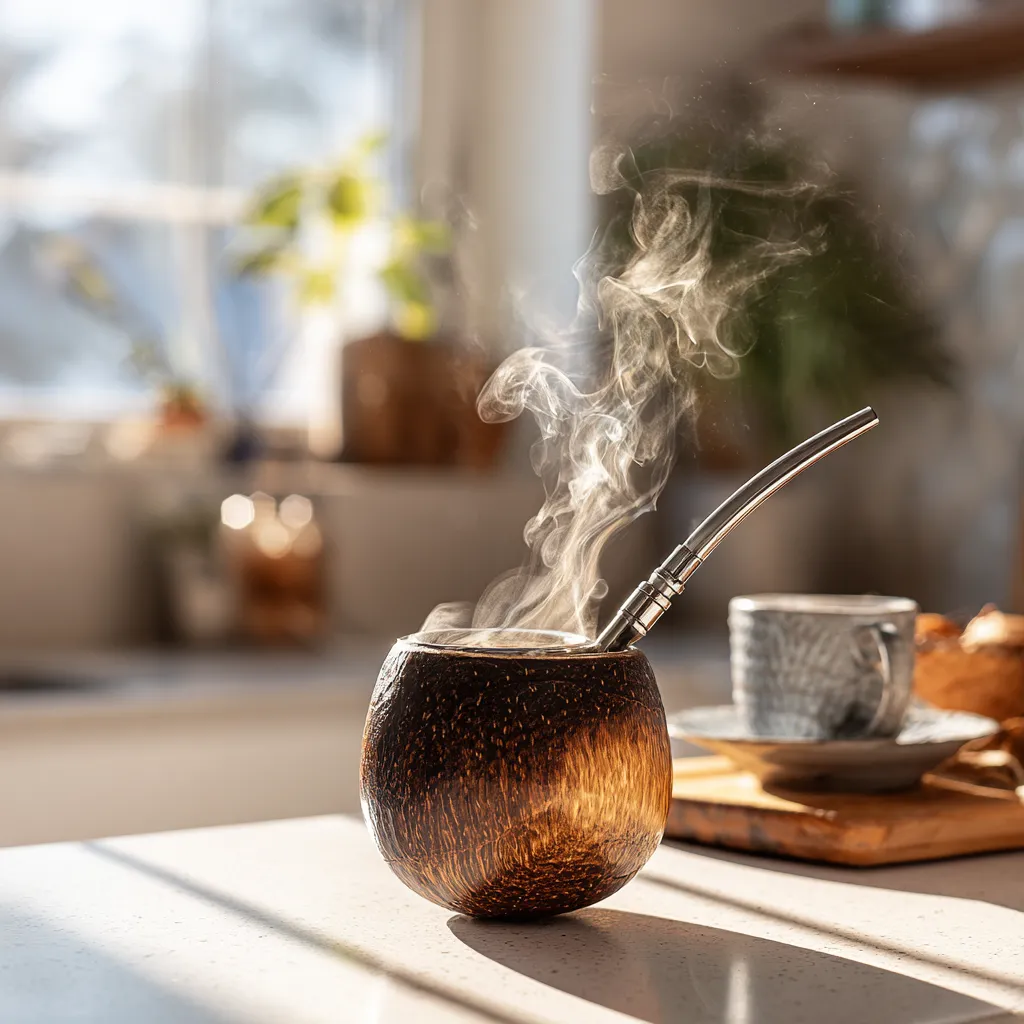 Boisson Énergisante dans une calebasse en bois sur un plan de travail de cuisine blanche moderne, avec vapeur visible et lumière naturelle du matin.