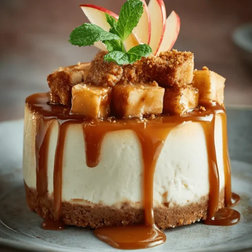 Cheesecake individuel pomme caramel vanille garni de pommes caramélisées et de streusel, sur une assiette en céramique.