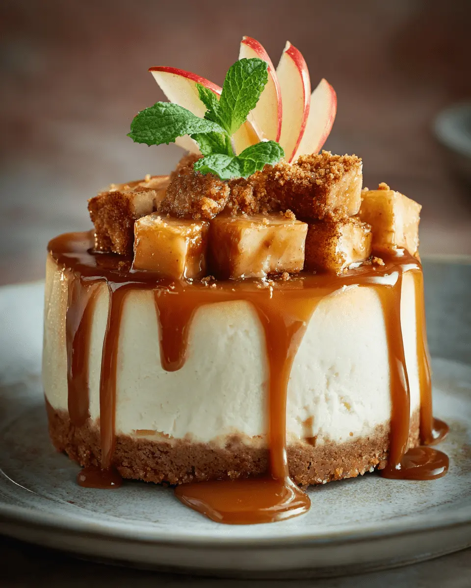 Cheesecake individuel pomme caramel vanille garni de pommes caramélisées et de streusel, sur une assiette en céramique.