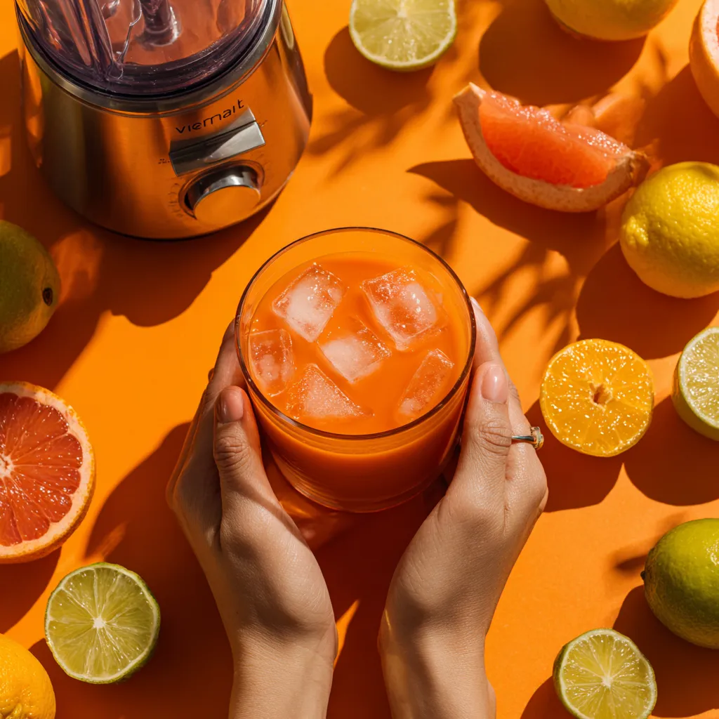 Jus de Carotte Vitamix: La Recette Ultime et Facile! 4 Mains tenant un verre de jus de carotte glacé entouré de citrons, pamplemousses et limes sur un fond orange vif.