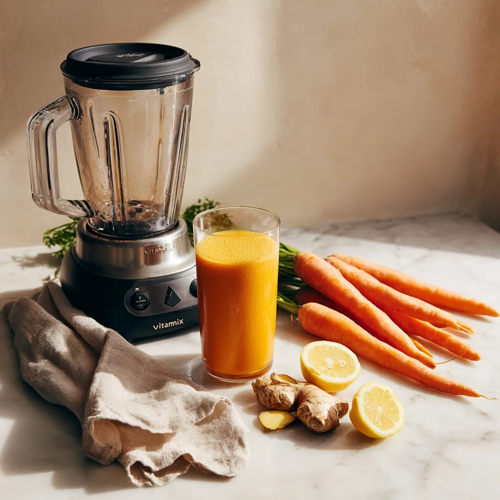 Jus de Carotte Vitamix: La Recette Ultime et Facile! 2 Blender Vitamix posé sur un plan de travail en marbre à côté d’un verre de jus de carotte, de citron et de gingembre.