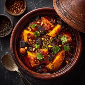 Plat d'tajine de potimarron et châtaignes à la cannelle, chaud et réconfortant, présenté sur une table en bois rustique.