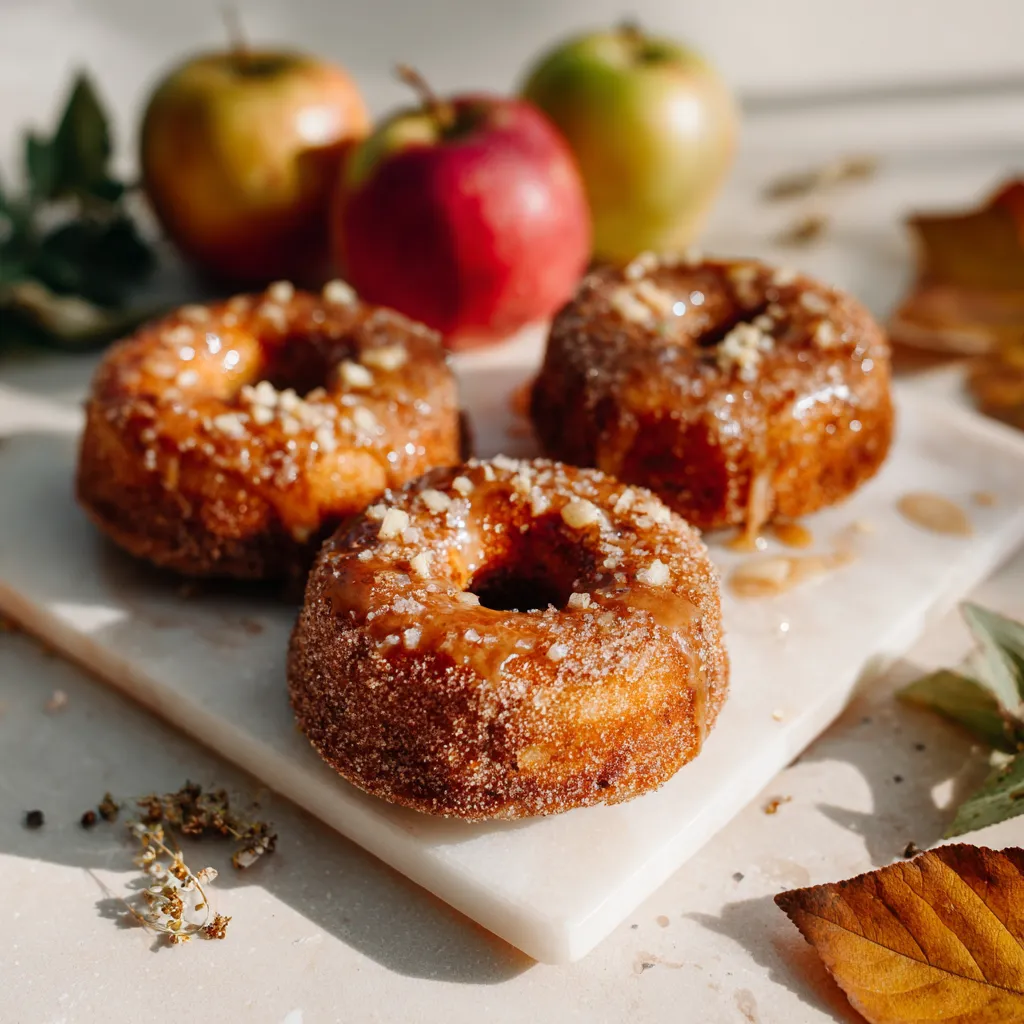 Donuts au cidre de pomme cuits au four, dorés et moelleux, saupoudrés de sucre à la cannelle, posés sur une table en bois avec des pommes et des feuilles d’automne.