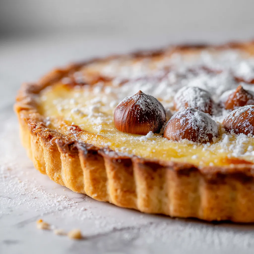 Une magnifique tarte à la châtaigne fraîchement cuite sur une assiette en céramique.
