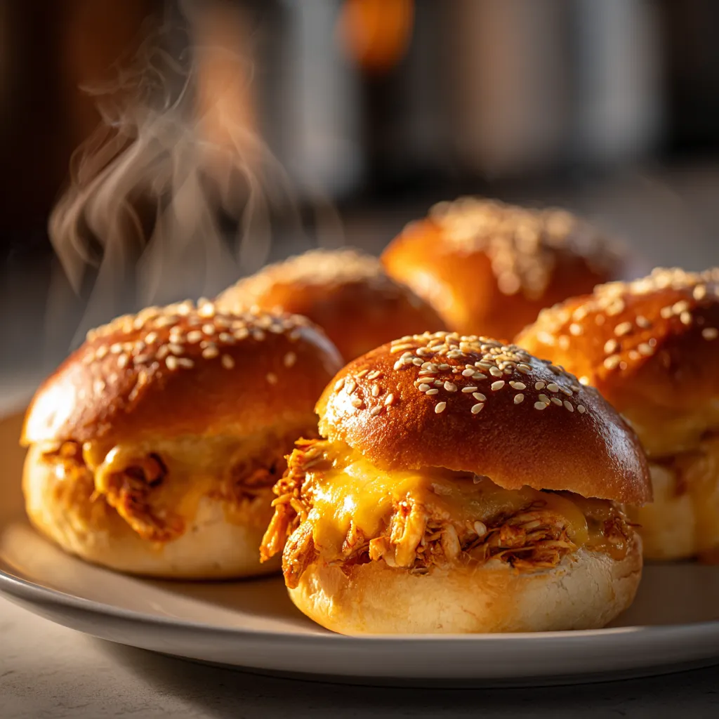 Gros plan gourmand de buns dynamite au poulet et fromage fondant, dorés au four, avec garniture épicée.