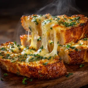 pain à l'ail gratiné au fromage fondant, avec une croûte dorée.
