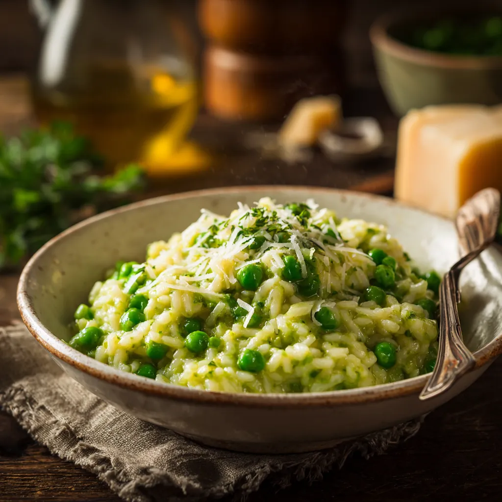 Risotto crémeux aux petits pois et parmesan, servi chaud dans une assiette blanche, garni de copeaux de parmesan et d’un filet d’huile d’olive, photographie gourmande en gros plan.
