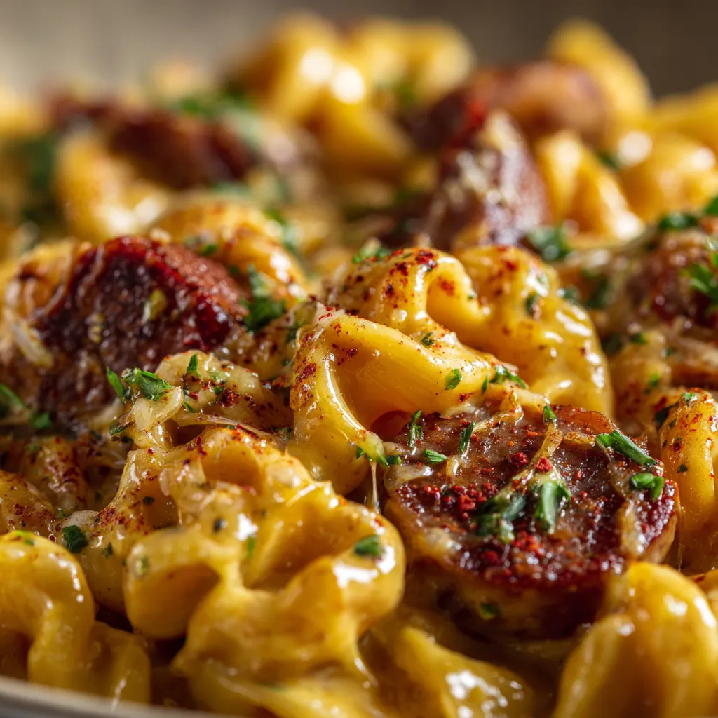Gros plan appétissant de pâtes crémeuses Cajun avec saucisse de bœuf, recouvertes d’une sauce onctueuse et relevée, garnies de fromage fondant.