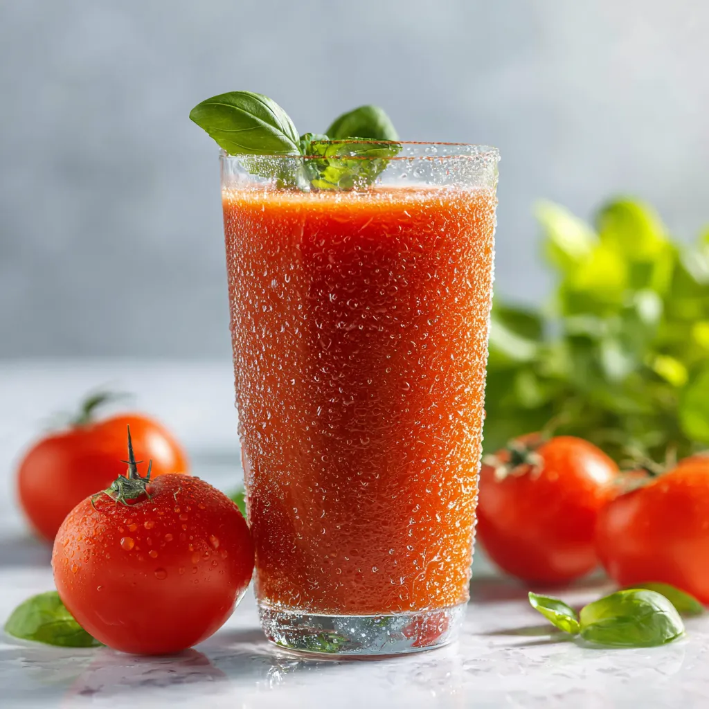 Jus détox à la tomate frais dans un verre transparent, avec condensation, entouré de tomates mûres.