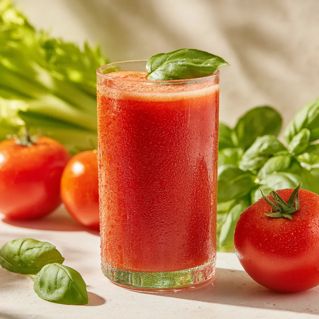 Jus détox à la tomate frais dans un verre transparent, avec condensation, entouré de tomates mûres, de basilic et de céleri sur une table en bois rustique.