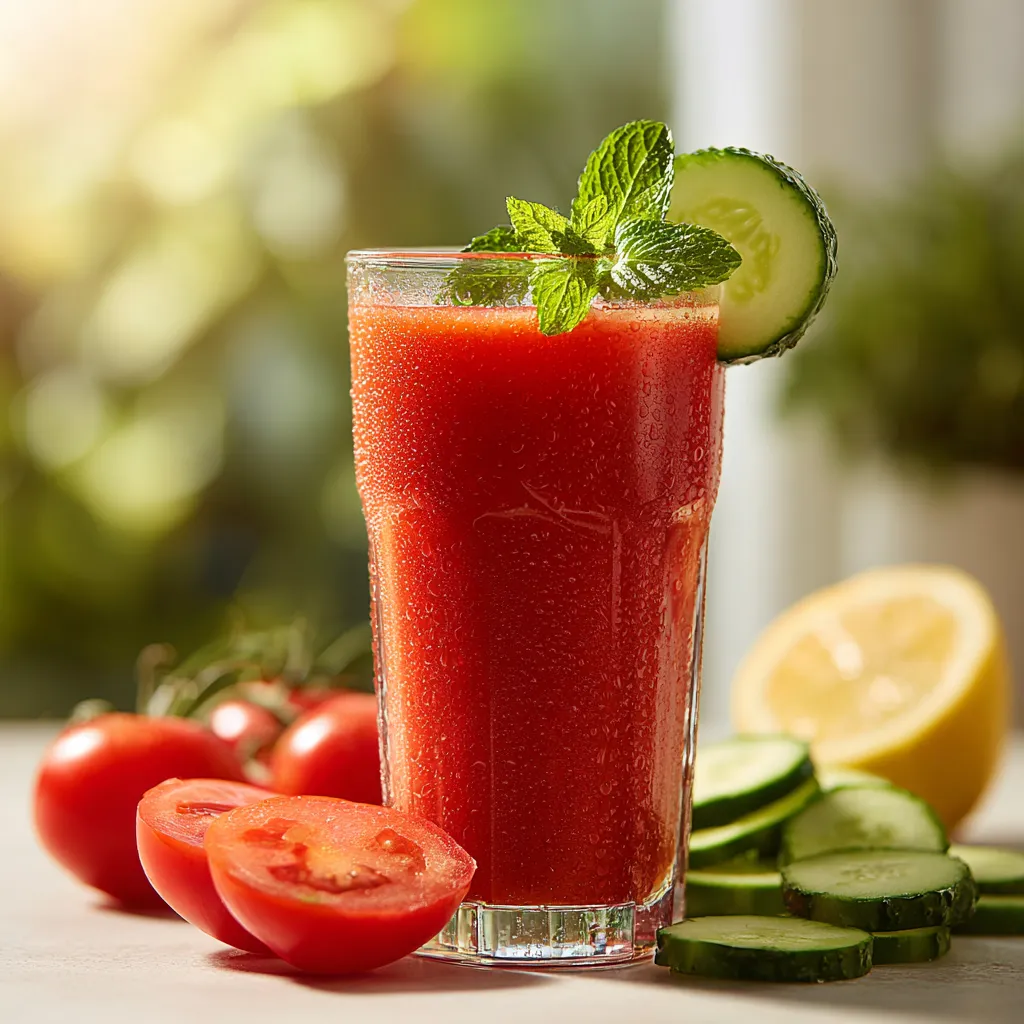 Jus Détox Concombre Tomate : La Recette Ultime et Facile 2 Gros plan d’un verre de jus détox au concombre et à la tomate, garni de menthe fraîche, sur une table lumineuse avec des tranches de légumes autour. Boisson rafraîchissante.