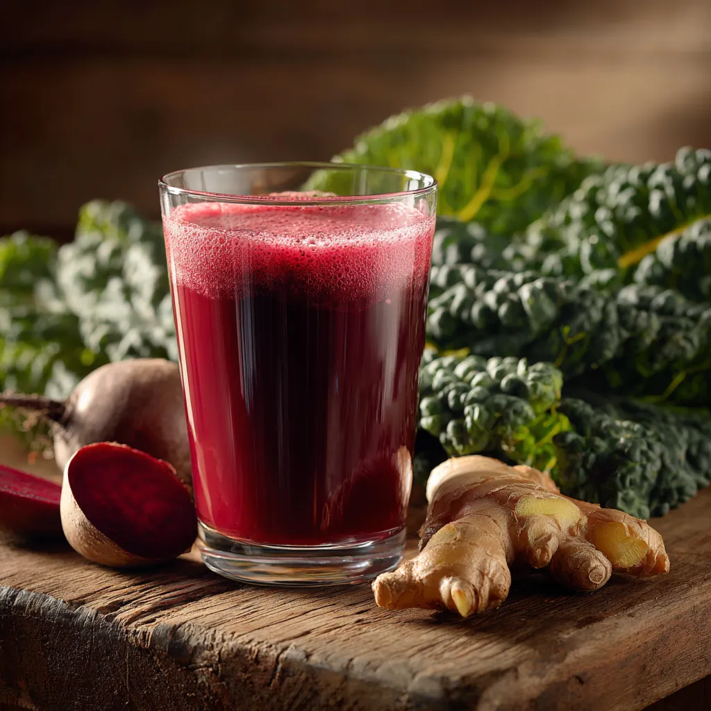 jus détox rouge avec betterave, chou et gingembre sur table rustique