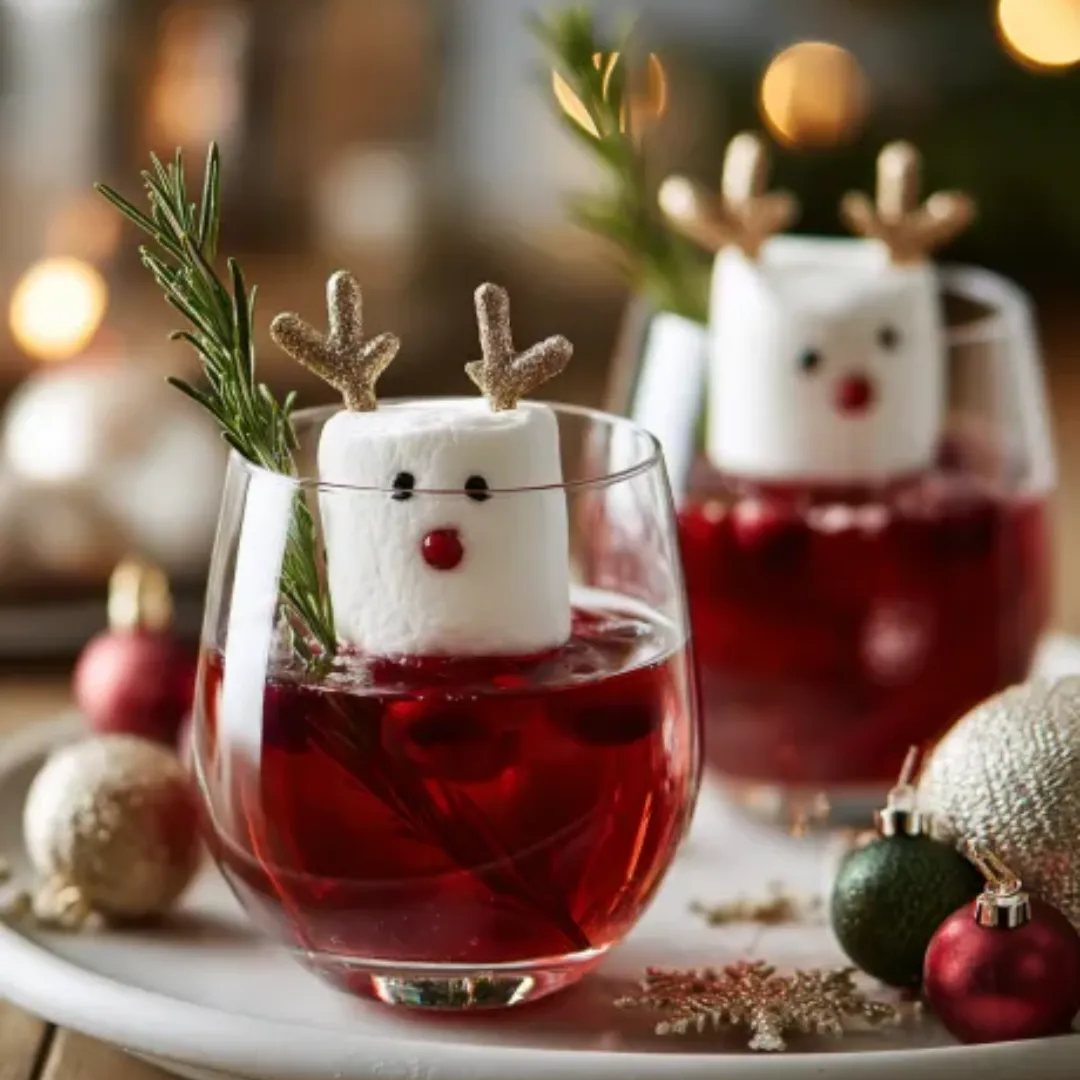 Rennes de Noël qui « bullent » rouges garnis de guimauves en forme de rennes de Noël qui « bullent », entourés de décorations.