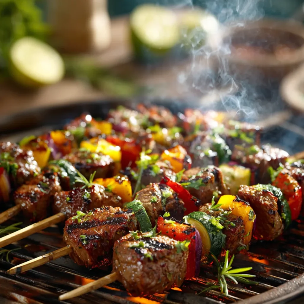Brochettes de bœuf grillées aux légumes marinés colorés, juteuses et dorées sur un barbecue d’été, avec poivrons.