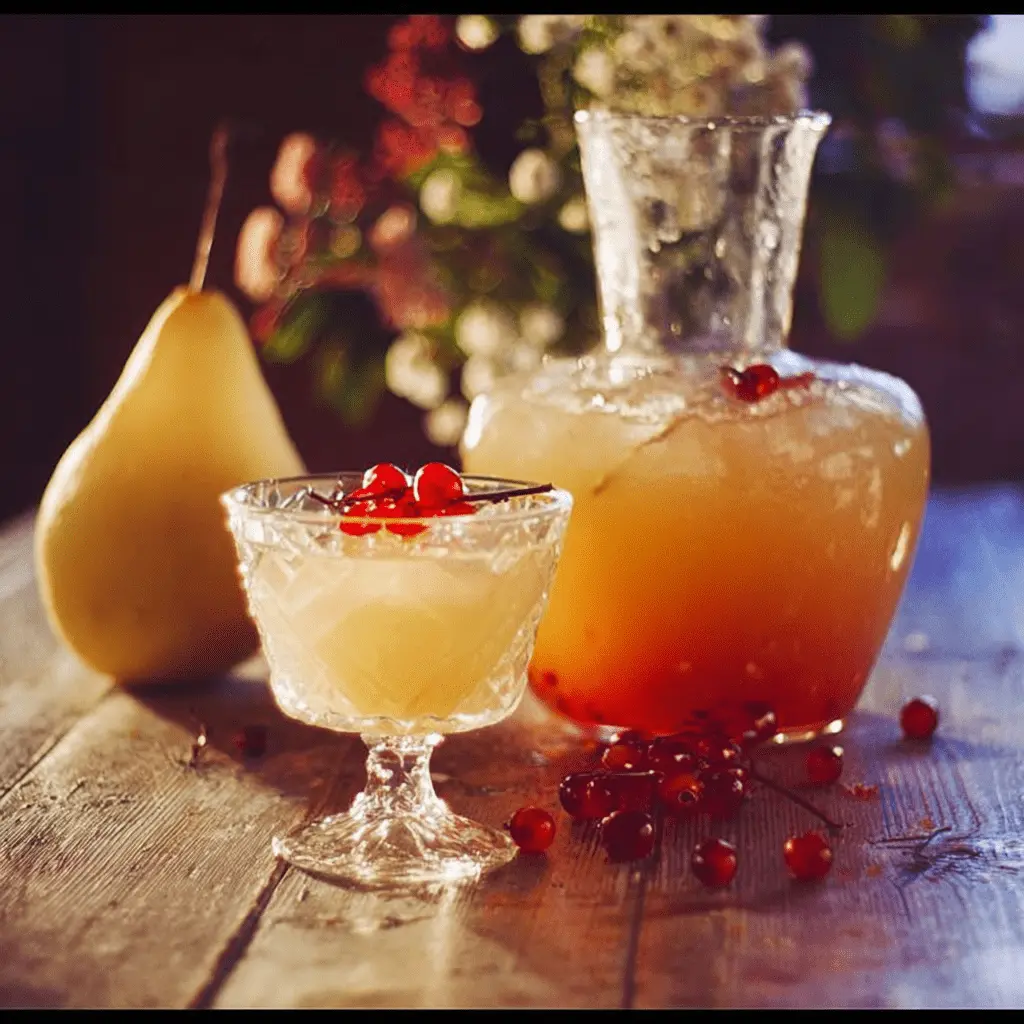 Verre élégant de punch sans alcool à la poire et à la rose garni de fruits frais.