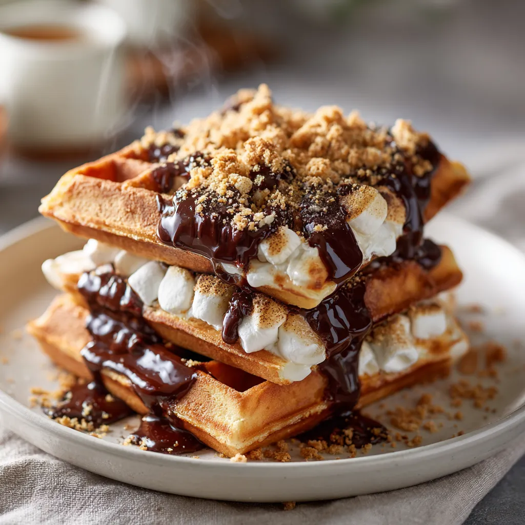 Gaufres s’mores dorées garnies de chocolat fondu, de marshmallows grillés et de biscuits croustillants, servies chaudes.