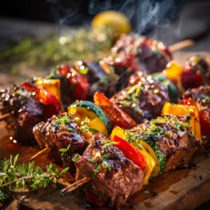 Brochettes de Bœuf Grillées Légumes Marinés colorés.