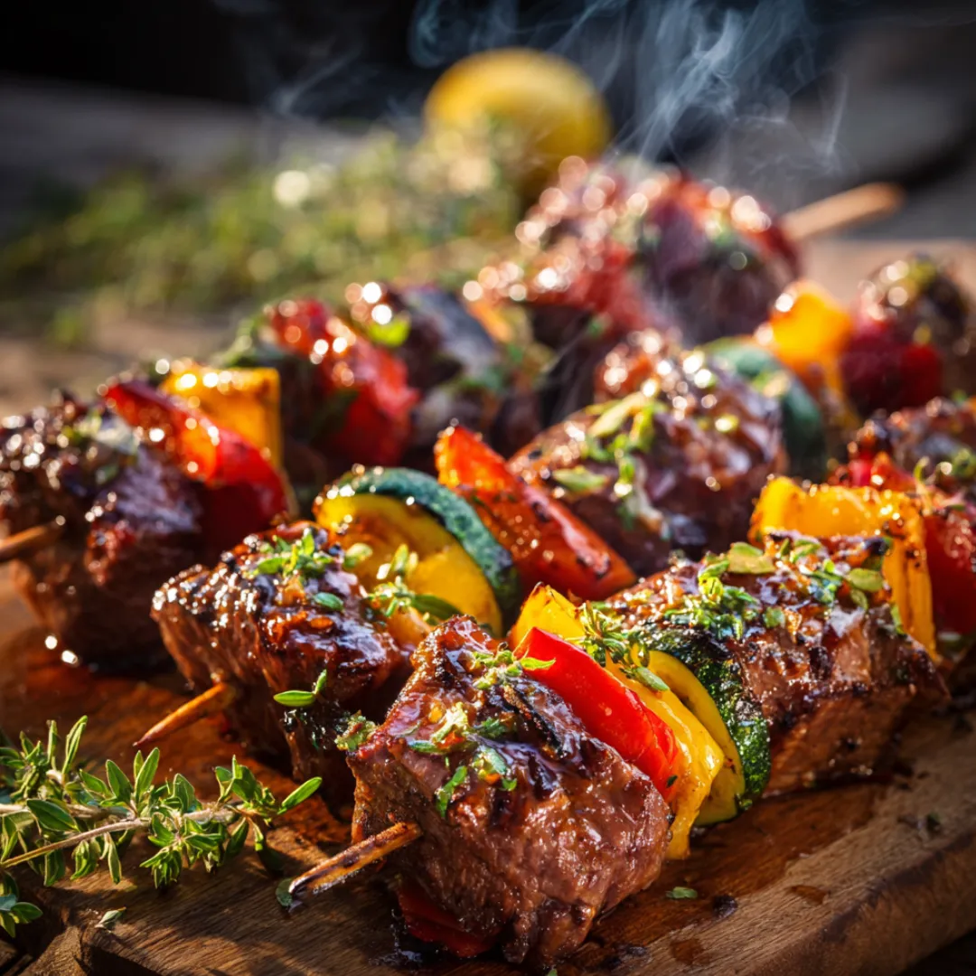 Brochettes de Bœuf Grillées Légumes Marinés colorés.