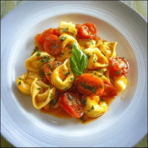 Étonnante Salade de Pâtes Tortellini aux Tomates Facile 4 Gros plan appétissant d'une salade de pates tortellini aux tomates cerises et basilic frais.