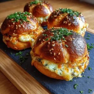 Quatre buns dynamite fromages au poulet dorés et fondants, débordant de fromage et parsemés d'herbes sur une ardoise.