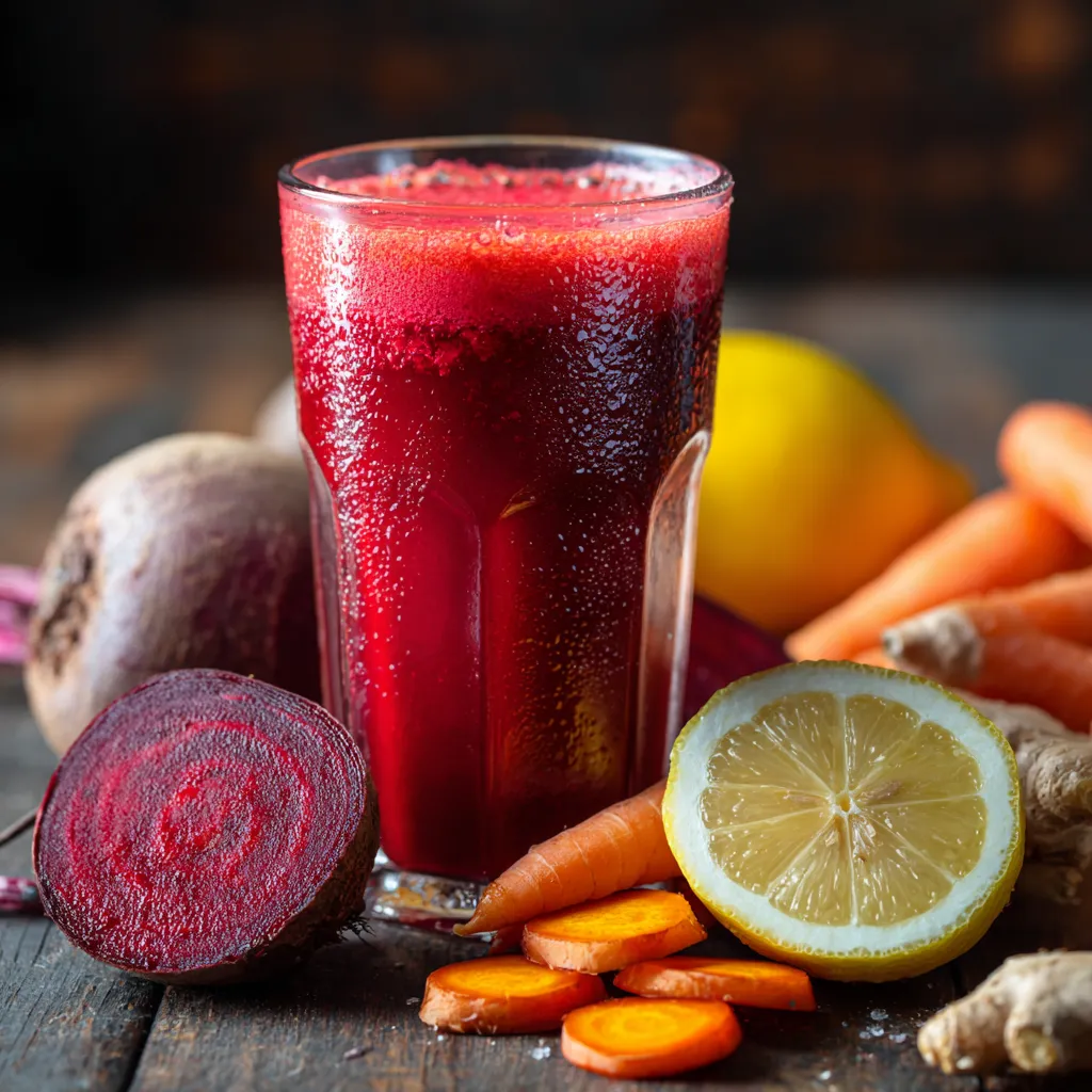 Jus Détox Étonnant Pour un Foie Sain 2 Gros plan d’un jus détox pour le foie à base de betterave, carotte, citron, gingembre et curcuma, servi dans un verre transparent avec condensation sur une table en bois.
