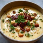 Bol de velouté de chou-fleur au chorizo et aux noisettes torréfiées