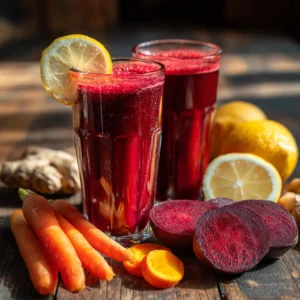 Jus Détox Étonnant Pour un Foie Sain 4 jus detox pour le foie à base de betterave, carotte, citron, gingembre et curcuma, servi dans un verre transparent avec condensation.