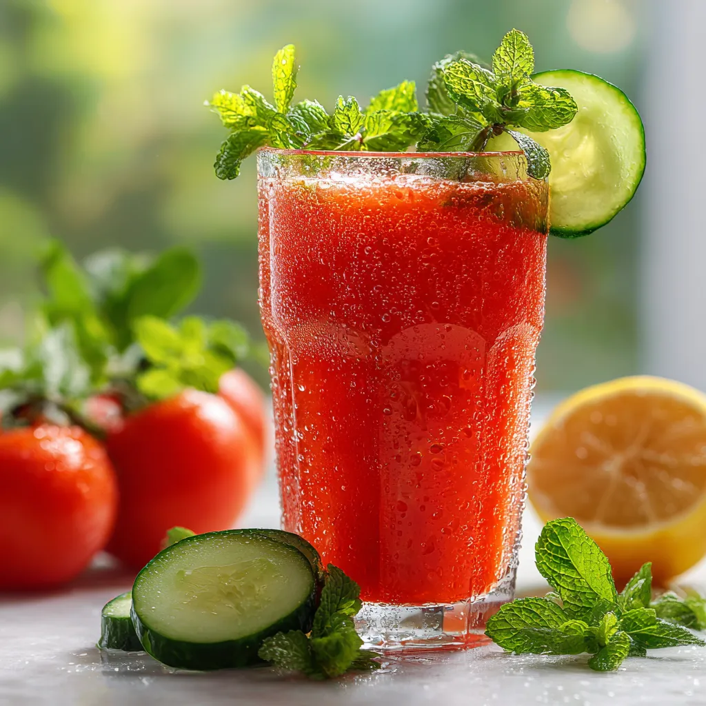 Jus Détox Concombre Tomate : La Recette Ultime et Facile 4 Gros plan d’un verre de jus détox au concombre et à la tomate, garni de menthe fraîche, sur une table lumineuse avec des tranches de légumes autour. Boisson rafraîchissante et saine.