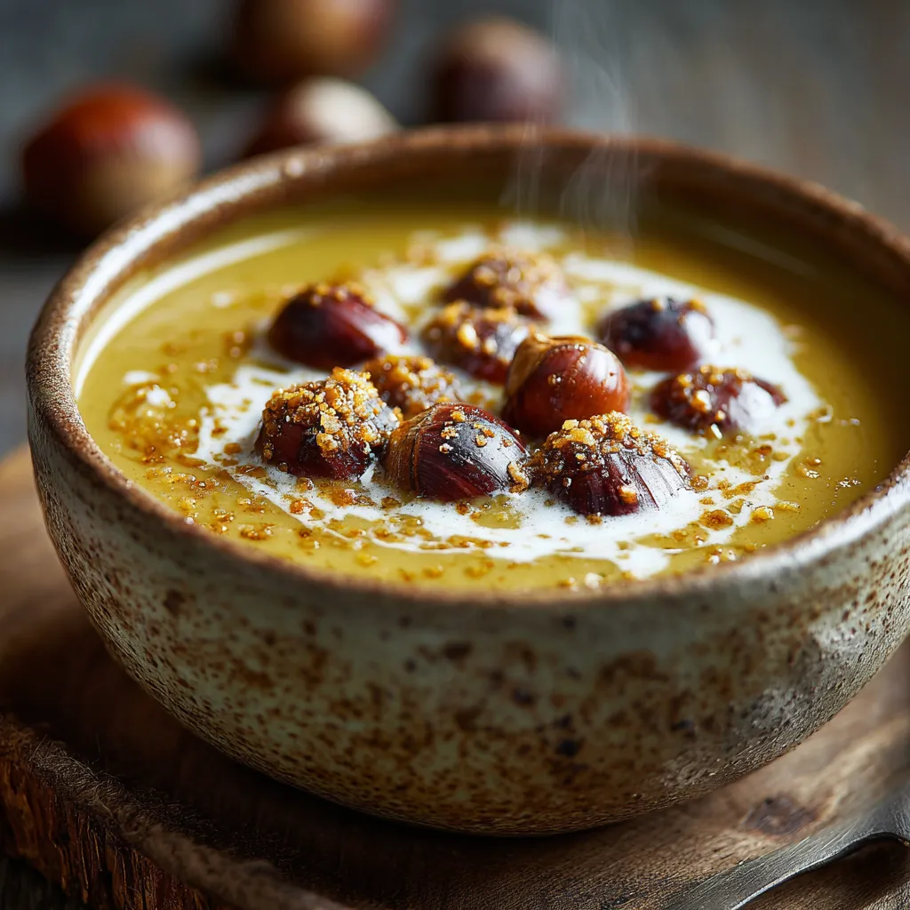 Velouté de Châtaignes crémeux avec pain grillé rustique et cuillère sur bois.