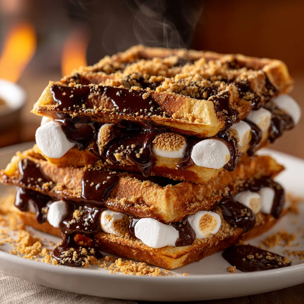 Gaufres s’mores dorées garnies de chocolat fondu, de marshmallows grillés et de biscuits croustillants, servies chaudes sur une assiette en bois.