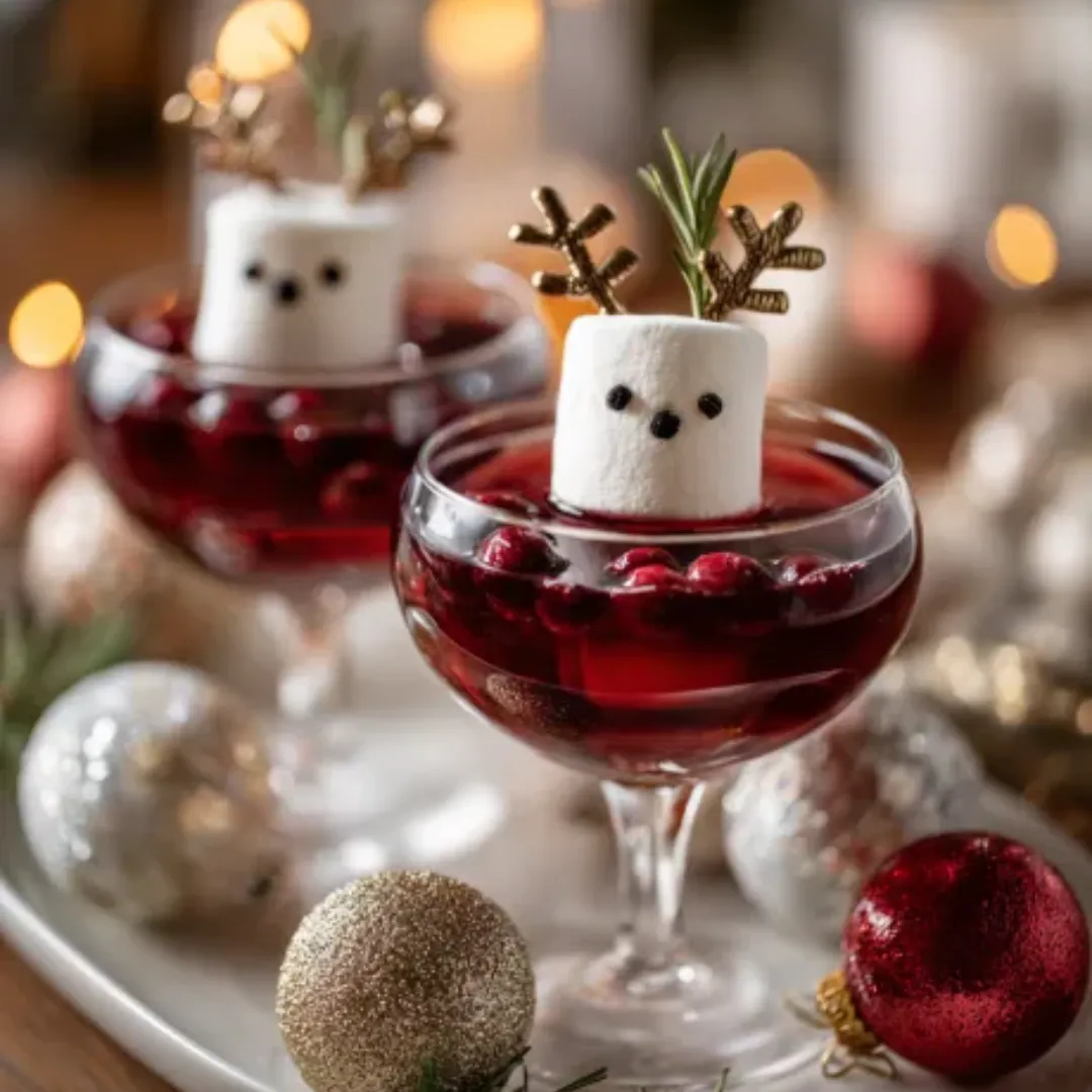Deux cocktails de Noël rouges garnis de guimauves en forme de rennes.
