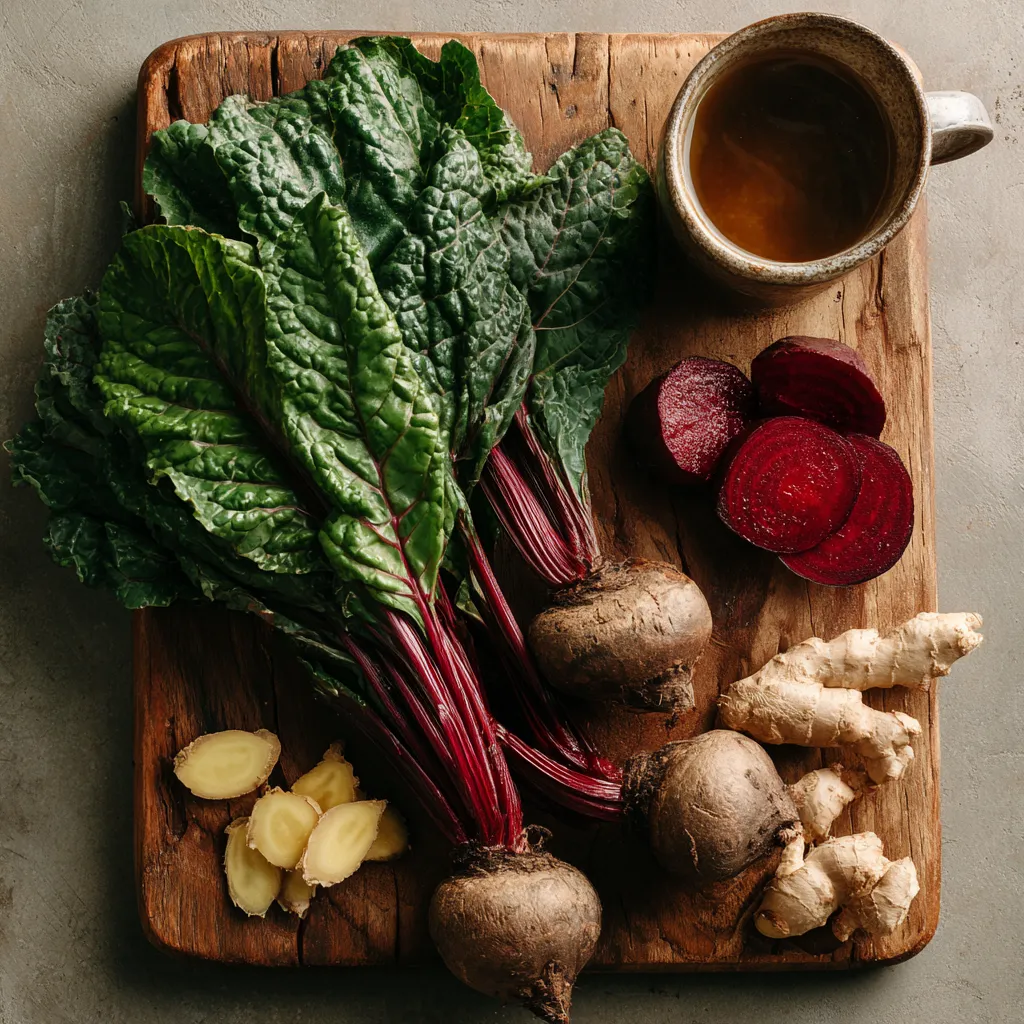 feuilles de chou, betteraves, gingembre frais sur planche en bois