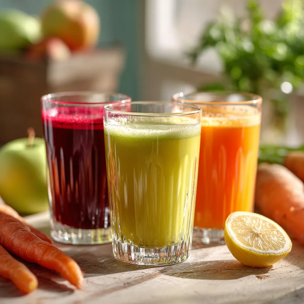 trois verres de jus détox de couleurs différentes avec citron, pomme et carotte