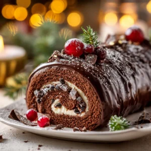 Bûche Roulée Chocolat brillant, décorée de copeaux de chocolat et de fruits rouges sur une table de Noël.