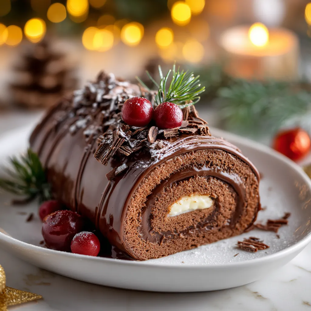Gâteau bûche roulée au chocolat brillant, décorée de copeaux de chocolat et de fruits rouges sur une table de Noël, ambiance chaleureuse.