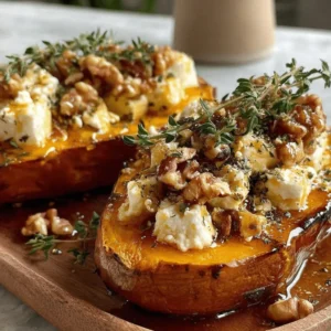 Patates Douces Rôties au Chèvre et Miel : La Recette Ultime 5 Gros plan appétissant de patates douces rôties au chèvre et au miel, garnies de noix et de thym frais sur une planche en bois rustique.