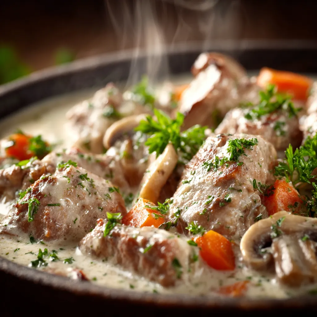 L'Ultime Blanquette De Veau Facile Et Délicieuse 4 Blanquette de veau traditionnelle servie bien chaude avec une sauce crémeuse, des carottes et des champignons, plat français gourmand et familial.