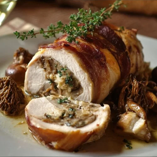 Ballotine de poulet de Bresse farcie aux morilles délicieuse et présentée sur une assiette