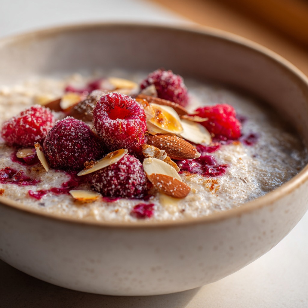 Bol de porridge protéiné à la frangipane crémeux, garni d’amandes grillées et de fruits rouges frais.