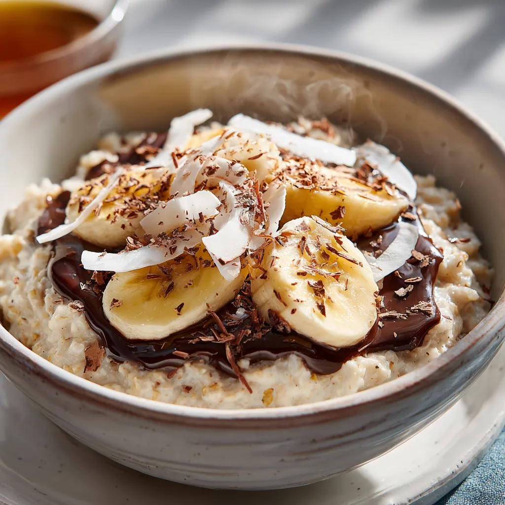 Porridge façon Bounty crémeux au chocolat noir et à la noix de coco, garni de copeaux grillés.