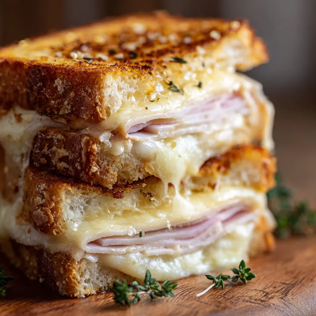 Croque-Monsieur doré et croustillant, garni de fromage fondant et de dinde, photographié en gros plan sur une assiette avec lumière chaude et gourmande.